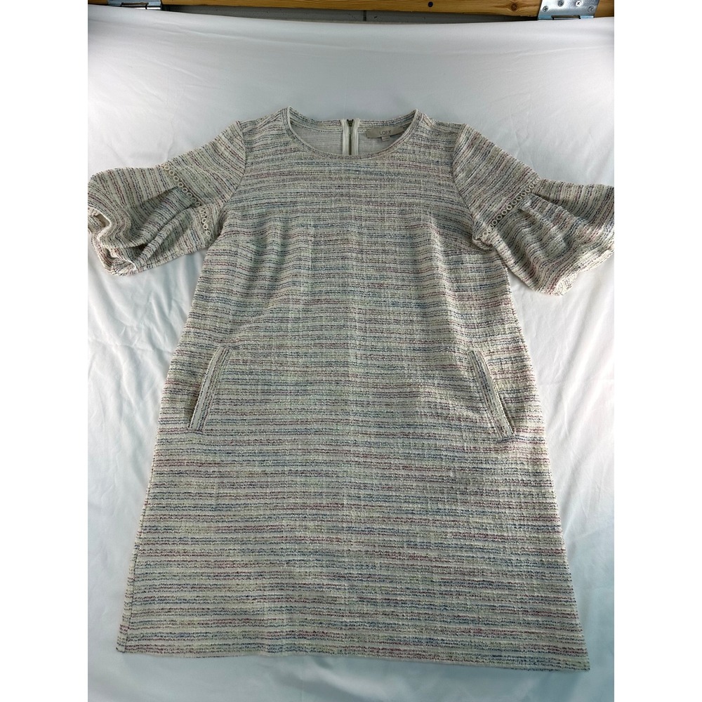LOFT Womens Large Multi Color Tweed Bell Sleeve Shift Dress Pockets Space Dye